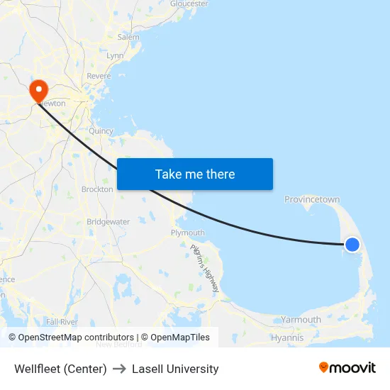 Wellfleet (Center) to Lasell University map