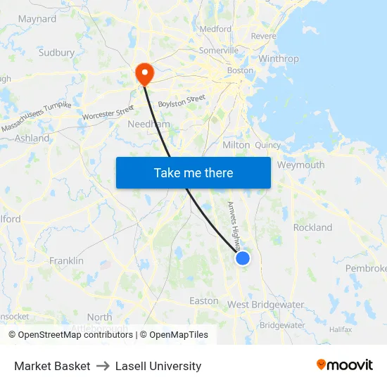 Market Basket to Lasell University map