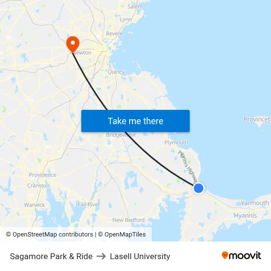 Sagamore Park & Ride to Lasell University map