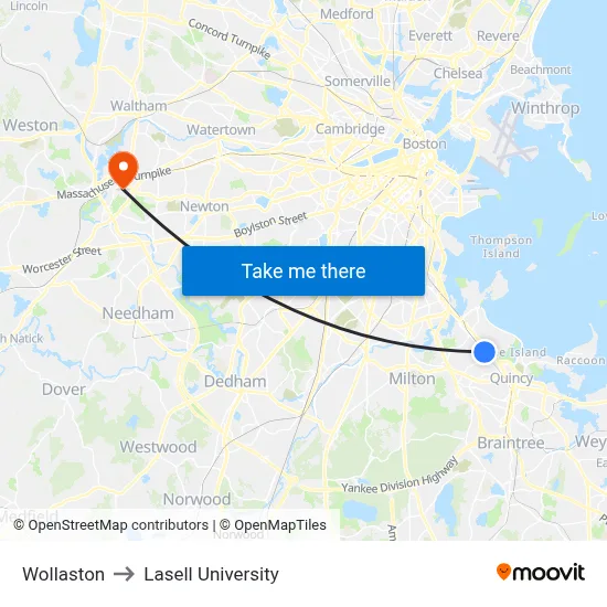 Wollaston to Lasell University map