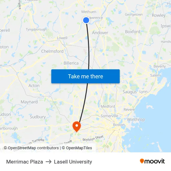 Merrimac Plaza to Lasell University map