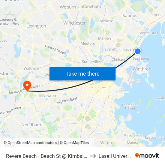 Revere Beach - Beach St @ Kimball Ave to Lasell University map