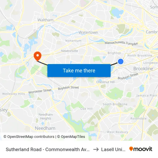 Sutherland Road - Commonwealth Ave @ Colborne Rd to Lasell University map