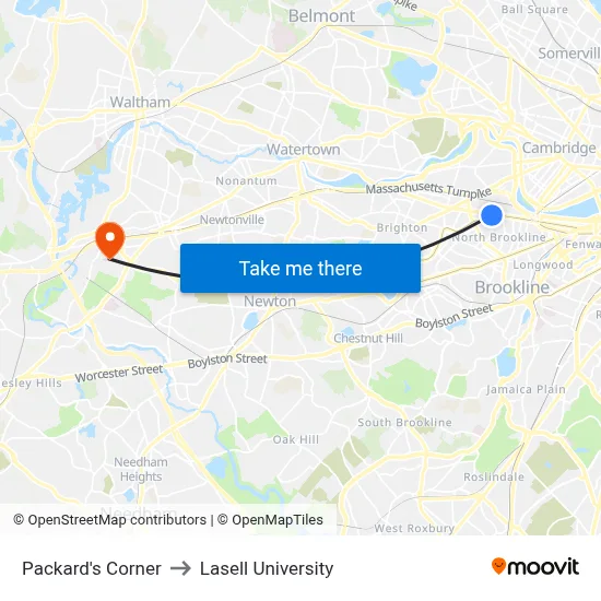 Packard's Corner to Lasell University map