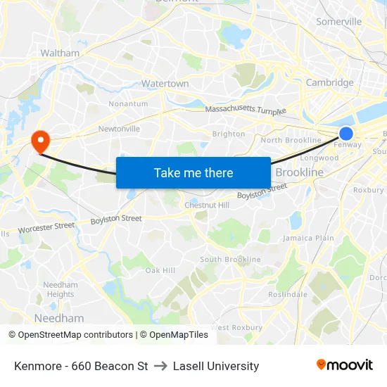 Kenmore - 660 Beacon St to Lasell University map