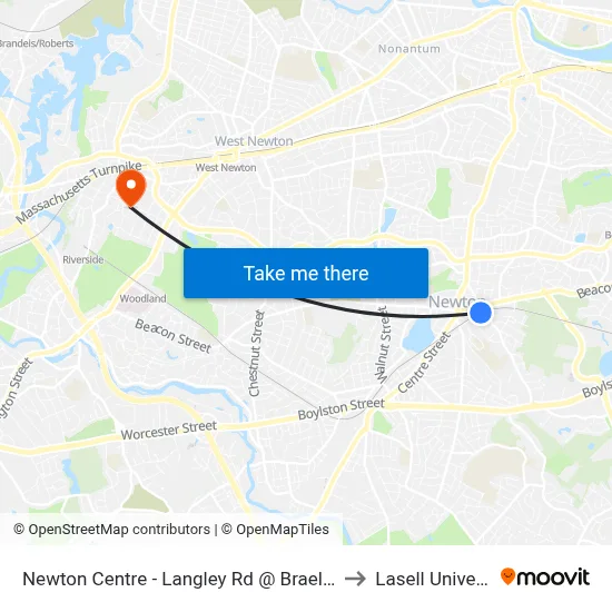 Newton Centre - Langley Rd @ Braeland Ave to Lasell University map