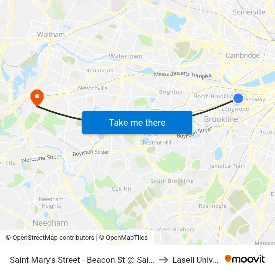 Saint Mary's Street - Beacon St @ Saint Mary's St to Lasell University map