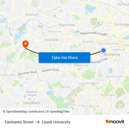 Fairbanks Street to Lasell University map
