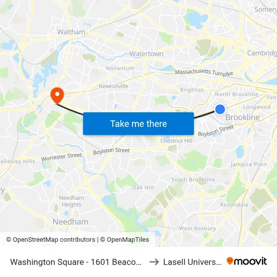 Washington Square - 1601 Beacon St to Lasell University map