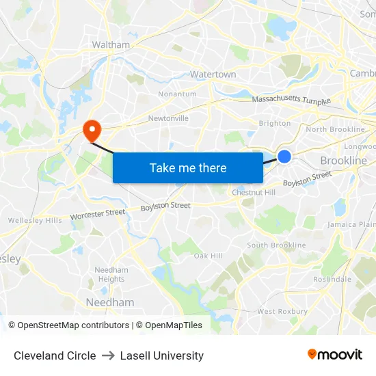 Cleveland Circle to Lasell University map