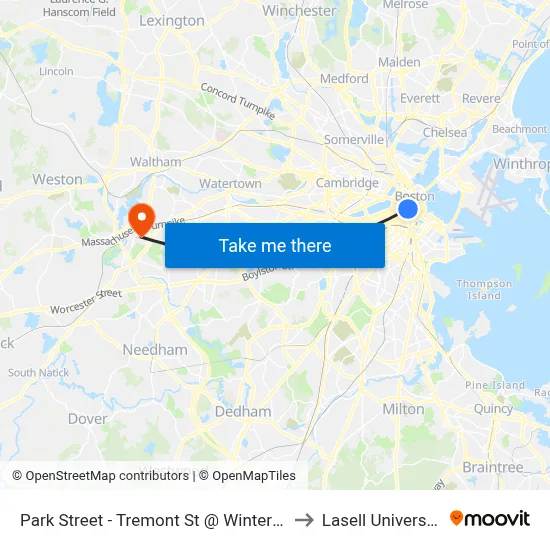 Park Street - Tremont St @ Winter St to Lasell University map