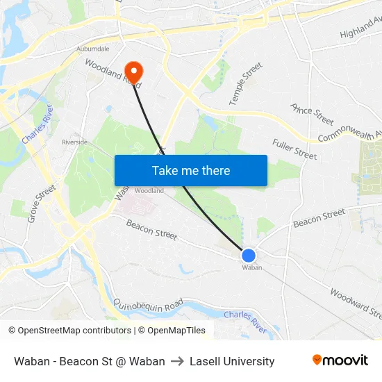 Waban - Beacon St @ Waban to Lasell University map