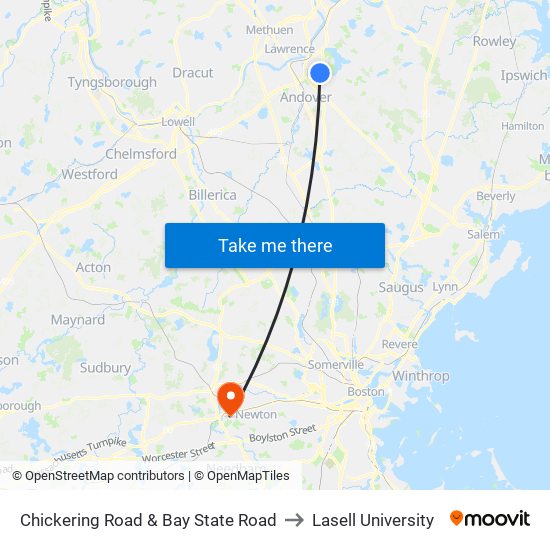 Chickering Road & Bay State Road to Lasell University map
