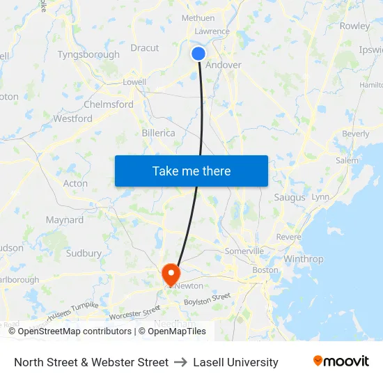 North Street & Webster Street to Lasell University map