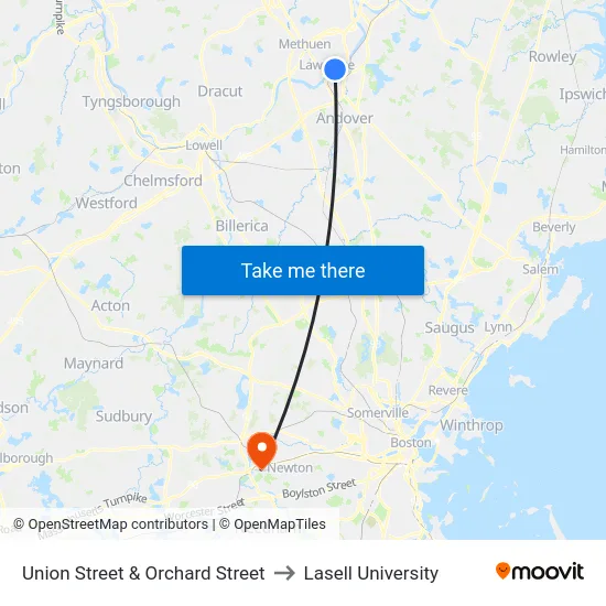 Union Street & Orchard Street to Lasell University map
