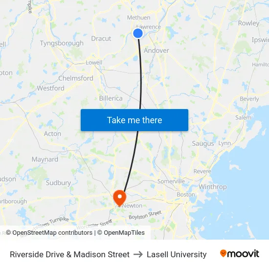 Riverside Drive & Madison Street to Lasell University map