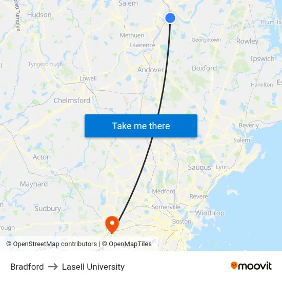 Bradford to Lasell University map
