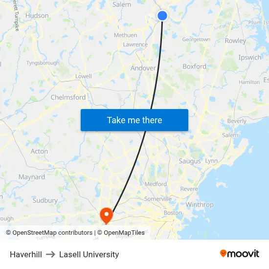 Haverhill to Lasell University map