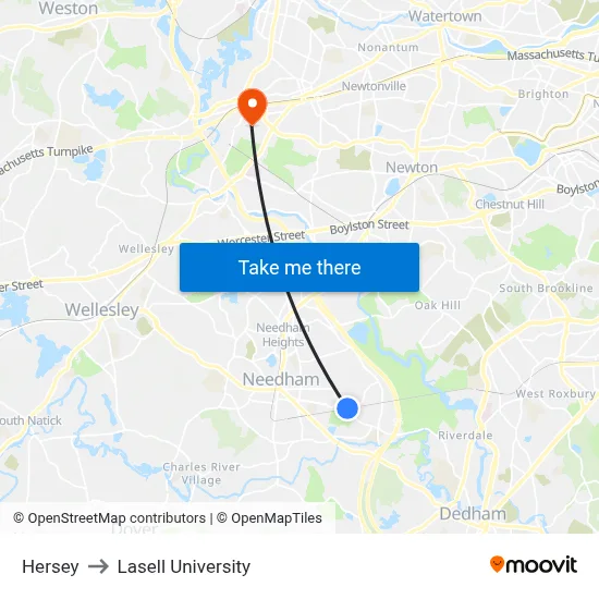 Hersey to Lasell University map