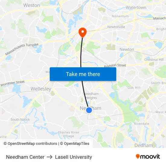 Needham Center to Lasell University map