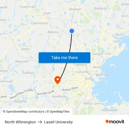 North Wilmington to Lasell University map