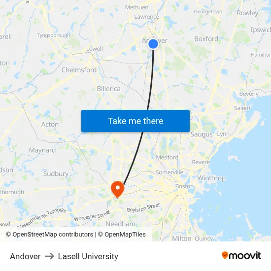 Andover to Lasell University map