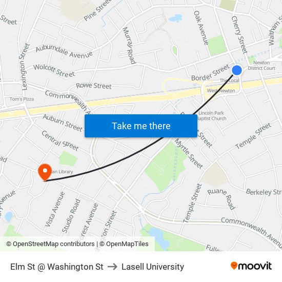 Elm St @ Washington St to Lasell University map