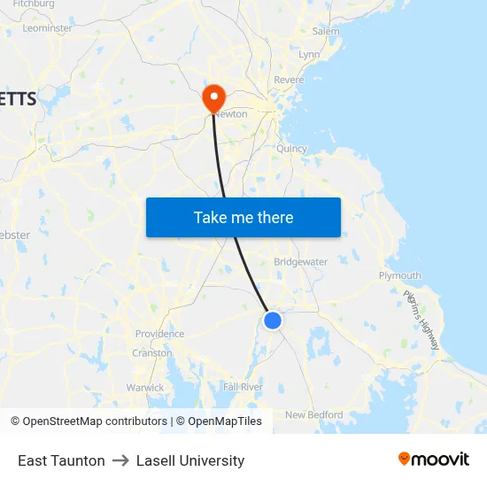 East Taunton to Lasell University map