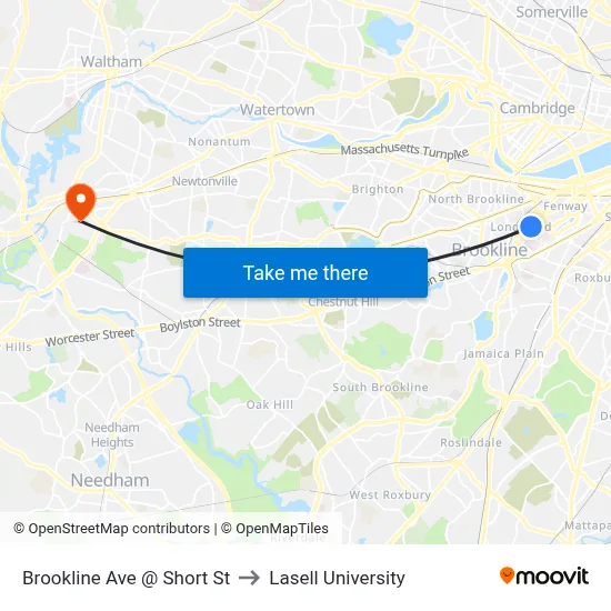 Brookline Ave @ Short St to Lasell University map