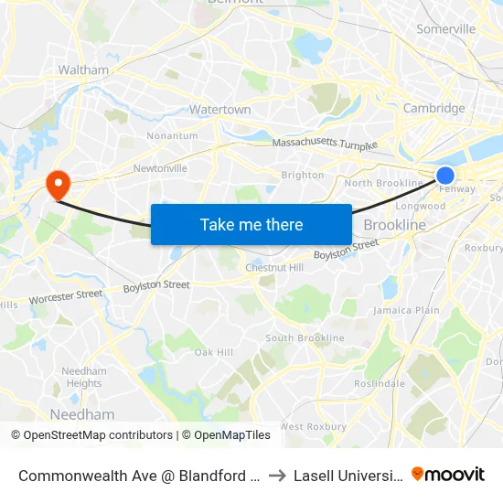 Commonwealth Ave @ Blandford St to Lasell University map