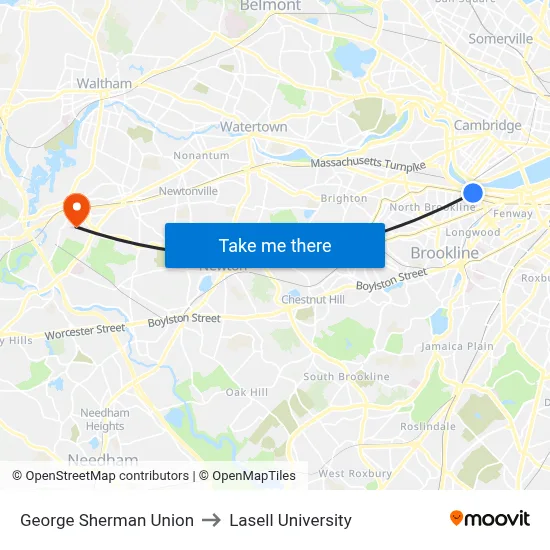 George Sherman Union to Lasell University map