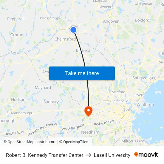 Robert B. Kennedy Transfer Center to Lasell University map