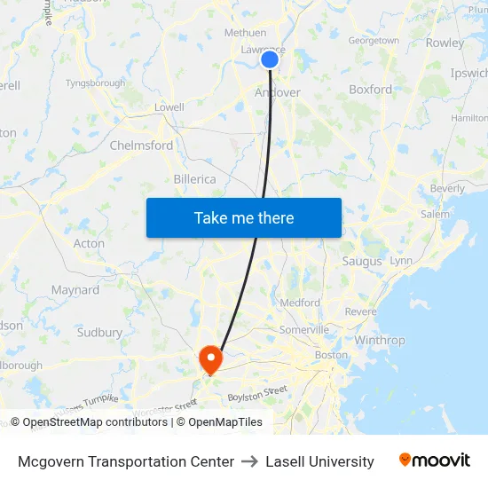 Mcgovern Transportation Center to Lasell University map