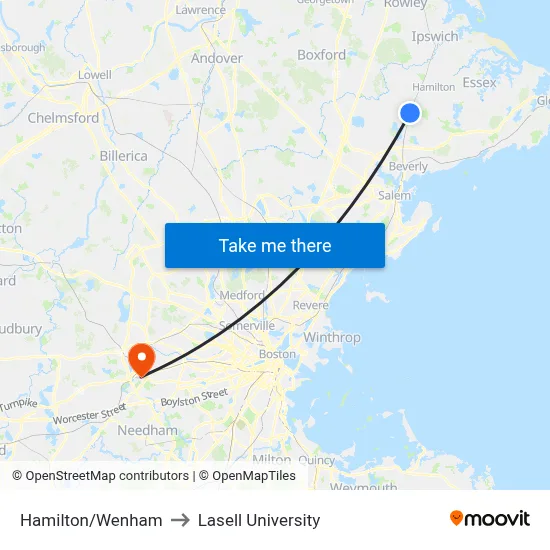 Hamilton/Wenham to Lasell University map