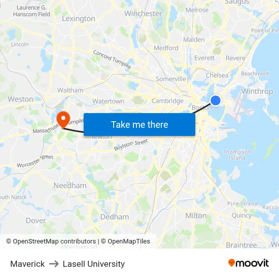 Maverick to Lasell University map