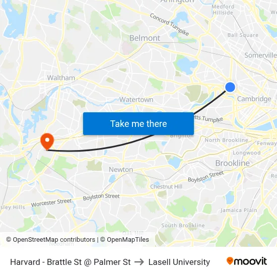 Harvard - Brattle St @ Palmer St to Lasell University map