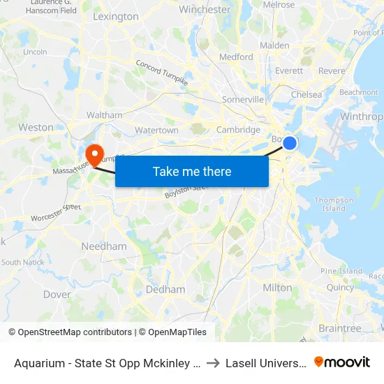 Aquarium - State St Opp Mckinley Sq to Lasell University map