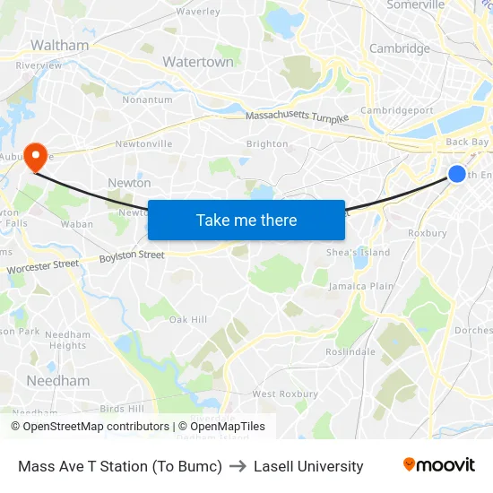 Mass Ave T Station (To Bumc) to Lasell University map
