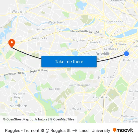 Ruggles - Tremont St @ Ruggles St to Lasell University map