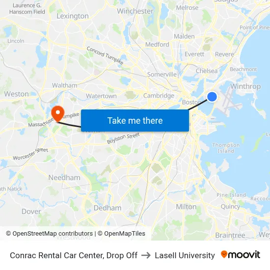 Conrac Rental Car Center, Drop Off to Lasell University map