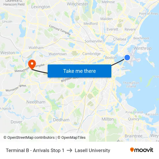 Terminal B - Arrivals Stop 1 to Lasell University map