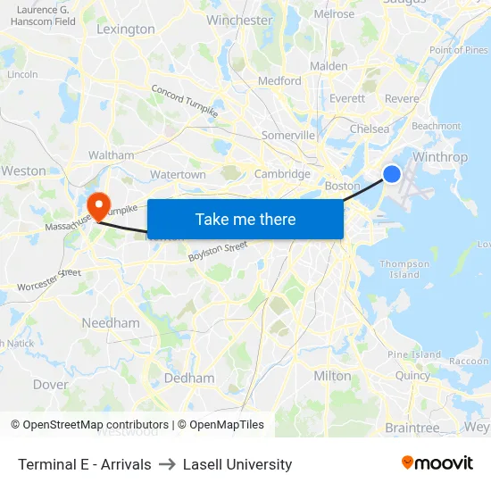 Terminal E - Arrivals to Lasell University map