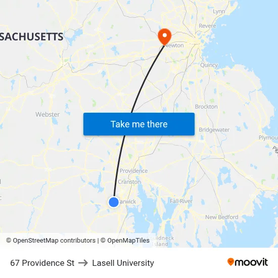 67 Providence St to Lasell University map