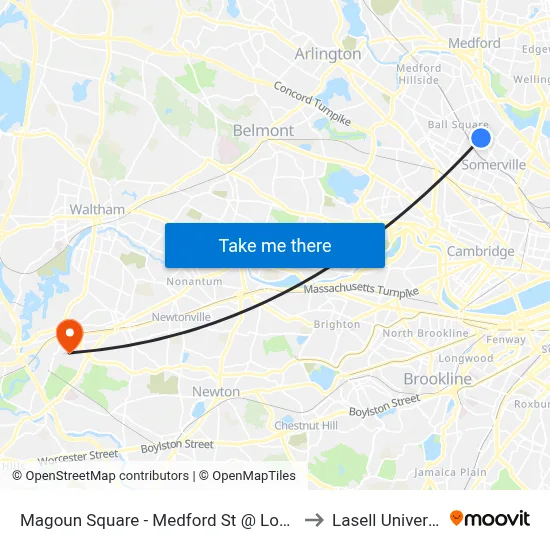 Magoun Square - Medford St @ Lowell St to Lasell University map