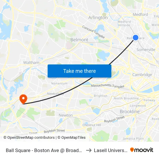 Ball Square - Boston Ave @ Broadway to Lasell University map