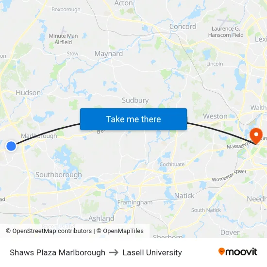 Shaws Plaza Marlborough to Lasell University map