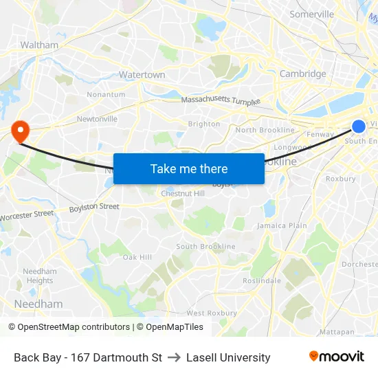 Back Bay - 167 Dartmouth St to Lasell University map