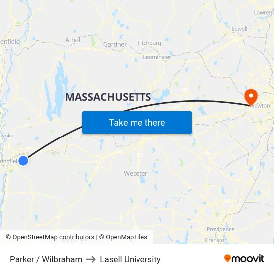 Parker / Wilbraham to Lasell University map
