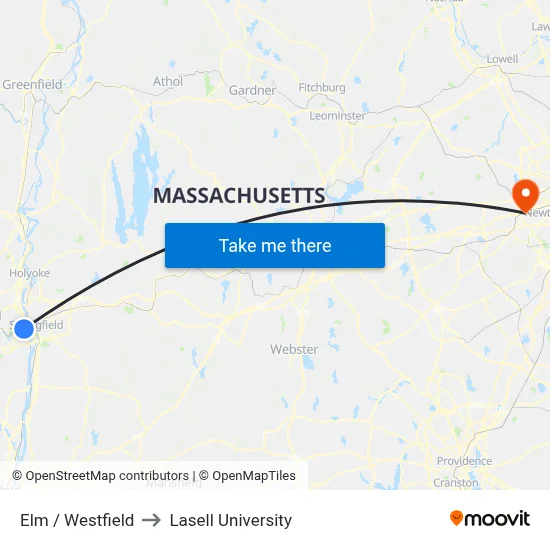 Elm / Westfield to Lasell University map