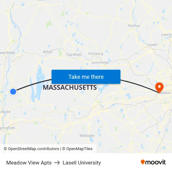Meadow View Apts to Lasell University map